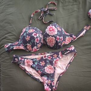 36D Floral Two-Piece Bikini Set in Navy with Pink Roses